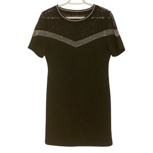 SANDRA VENDITTI BLACK & METALLIC SILVER/ LACE SHORT SLEEVE MIDI DRESS/ Size M